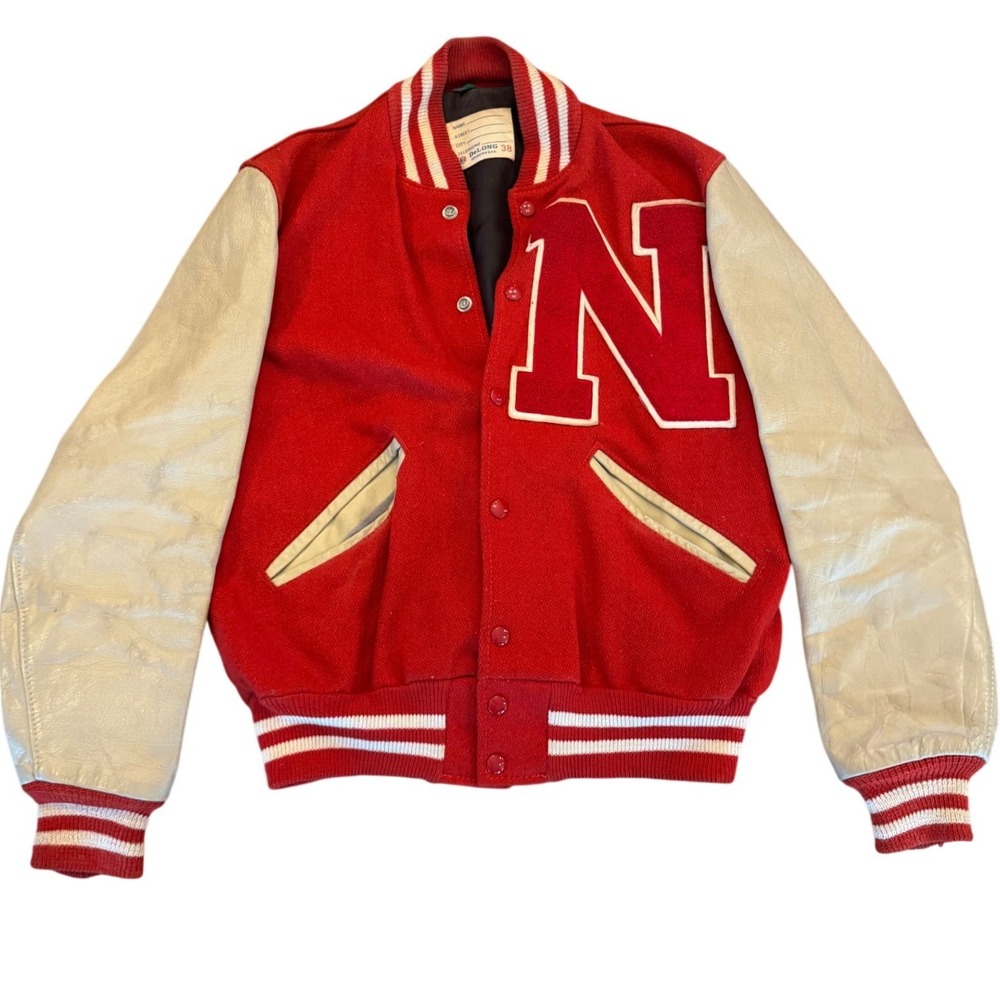 Vintage DeLONG University of Nebraska Letterman Jacket Red Leather Wool Size 38